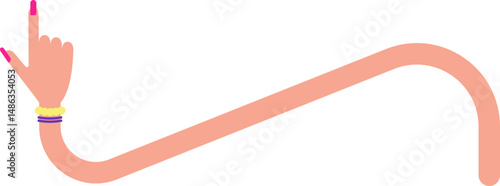 Curved and diagonal graphic line, in the shape of a female arm with bracelets and hand with painted and large nails, to direct information in design
