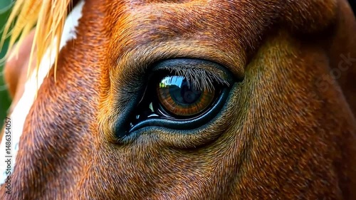 Horse's eye. Close-up animal texture, brown horse head
