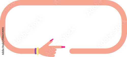 Rectangular geometric shape with rounded corner, in the shape of a female arm with bracelets and hand with painted and large nails, to direct information in the design