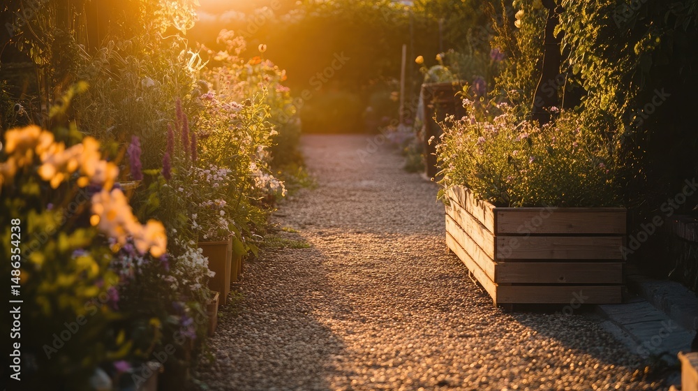Fototapeta premium Backyard with horizontal storage bin, flower-lined border, and soft golden sunset light