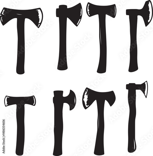 Black Axe Silhouettes: Vector Illustration of Axes, Tools, and Woodcutting