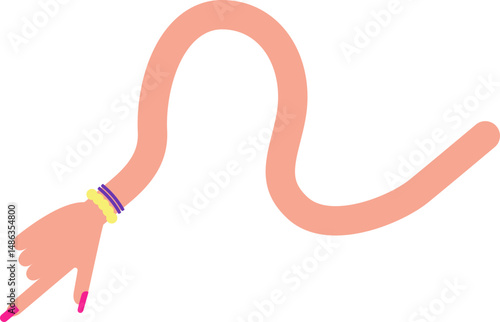 Wavy graphic line, with one wave, in the shape of a female arm with bracelets and hand with painted and large nails, to direct information in design