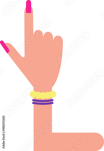 Straight graphic line, in the shape of a female arm with bracelets and hand with painted and large nails, to direct information in design