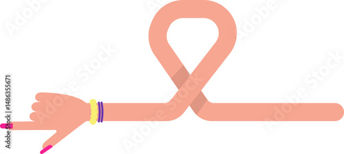 Curved graphic line, shaped like a female arm with bracelets and hand with painted and large nails, with one loop