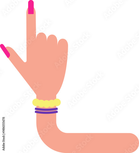Curved and  rounded graphic line, in the shape of a small female arm with bracelets and hand with painted and large nails, to direct information in design