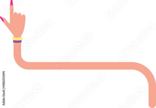 Straight graphic line with two rounded corners, in the shape of a female arm with bracelets and hand with painted and large nails, to direct information in the design