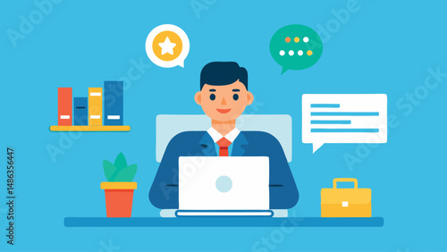 colorful minimalist vector illustration of a person working on a laptop, business office workspace, desk with files, coffee cup, lightbulb icon
