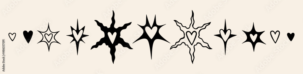 Hearts with spikes, Abstract tattoo style set. Hand drawn modern vector illustration, liquid curves and sharp thorns. Minimalist retro graphics for trendy edgy designs Hearts with spikes, Abstract tattoo style set. Hand drawn modern vector illustration, liquid curves and sharp thorns. Minimalist retro graphics for trendy edgy designs