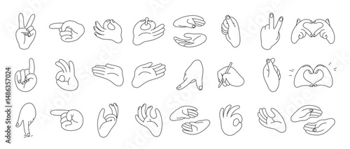 Line art set of Hands gestures with editable unexpanded outlines, stroke in curves. Gesturing human arms making Heart shape, showing OK sign and holding pen. Doodle style vector illustration