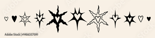 Hearts with spikes, Abstract tattoo style set. Hand drawn modern vector illustration, liquid curves and sharp thorns. Minimalist retro graphics for trendy edgy designs