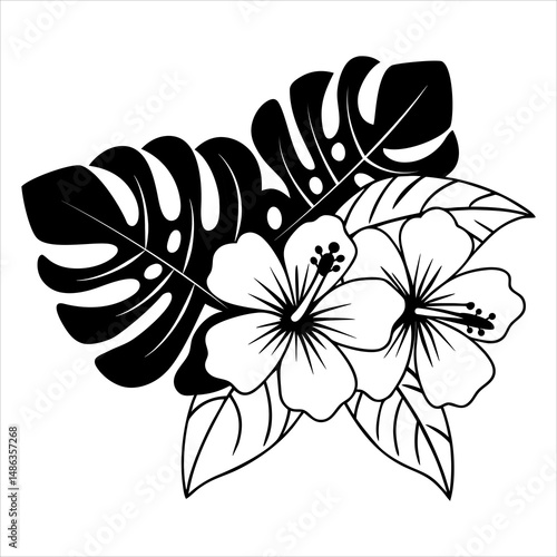 Black and white floral design features a vintage lily flower silhouette in a decorative pattern