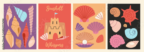 Colorful vertical cards with seashells, sandcastle and scallop pearl. Marine design for nautical decor and ocean inspired designs. Trendy modern vector illustrations, flat
