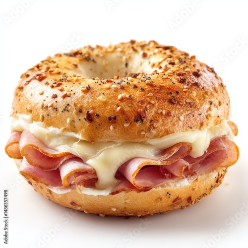 A delicious bagel featuring layers of ham and melted cheese sits isolated on a clean white background, making it an appealing snack option at any time of day