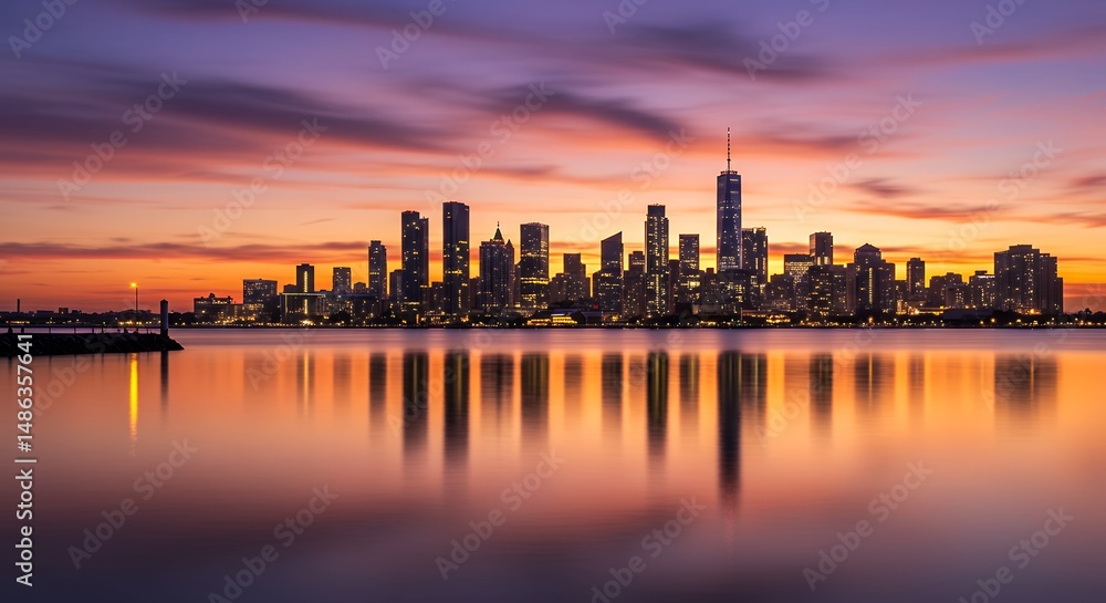 Obraz premium Serene twilight cityscapes: urban skyline reflected in tranquil waters