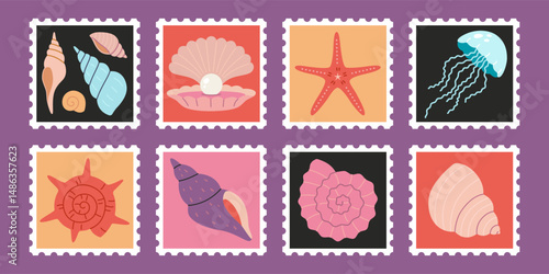 Set of cute hand drawn post stamps with seashells, starfish, jellyfish and scallop pearl. Marine design for nautical decor and ocean inspired designs. Trendy modern vector illustrations, flat