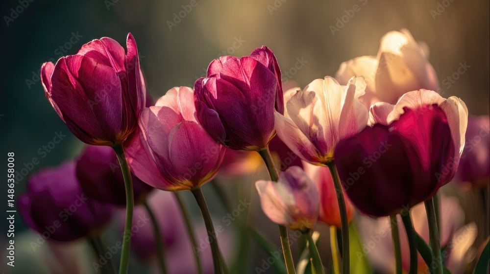 Obraz premium Tulips swaying gently under the soft evening glow of the sun casting long shadows