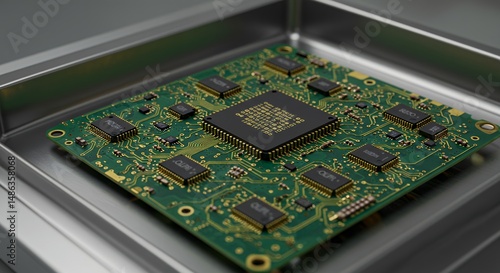 Detailed rendering of a green circuit board with an embedded processor in a silver frame