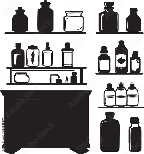 Vintage Apothecary Bottles Silhouette Illustration, Black and White