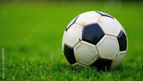 Close-up of a soccer ball, worn and scuffed, resting on a grassy field , kick, bright, game