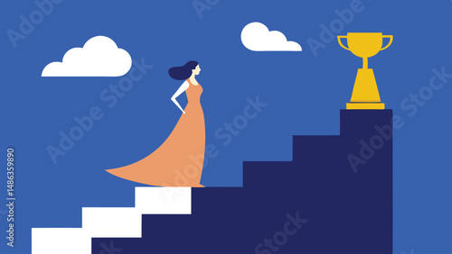 digital illustration, minimalist style, woman walking up steps towards trophy, blue sky with clouds, flat geometric shapes, warm tones
