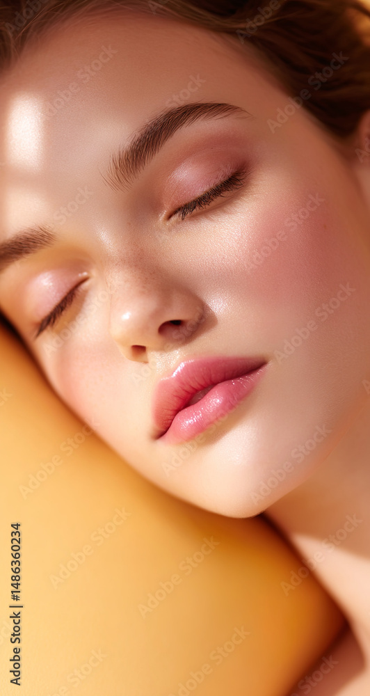 Warm light enhances the peacefulness of a woman resting with closed eyes. Warm light enhances the peacefulness of a woman resting with closed eyes.