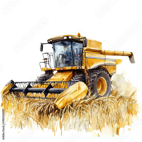 watercolor vector of Modern Combine Harvester Harvesting Golden Wheat, high quality, isolated on a white background.