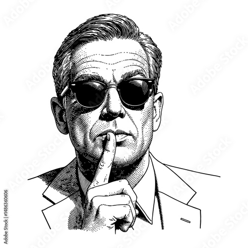 Gentleman with Sunglasses and Finger on Lips Asking Silence in Black and White Outline Line Art Drawing