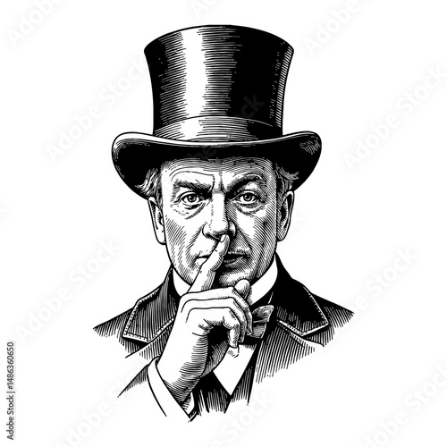 Gentleman in Vintage Suit Top Hat Finger on Lips Asking Quiet Black and White Outline Line Art Drawing