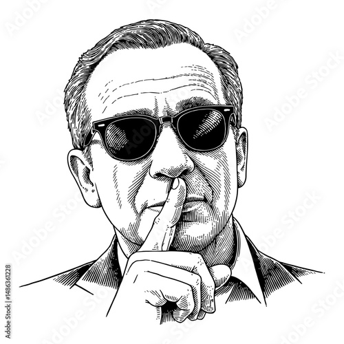 Gentleman Wearing Sunglasses with Finger on Lips Asking Silence Black and White Outline Line Art Drawing