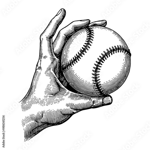Hand Holding Baseball Ball Black and White Outline Line Art Drawing Illustration
