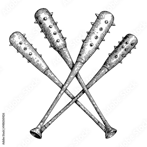 Crossed Baseball Bats with Spikes Hand Drawn Engraving Black and White Outline Line Art Drawing