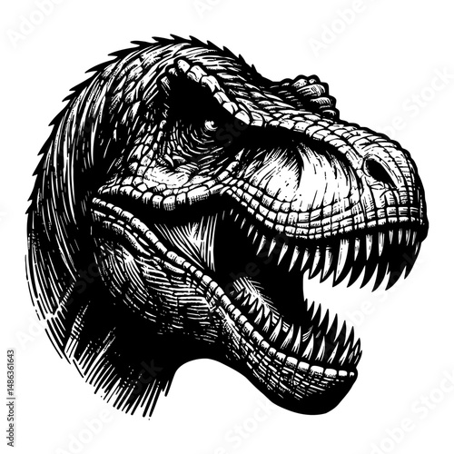Tyrannosaurus Rex or T Rex Portrait Head Front View Black and White Outline Line Art Drawing