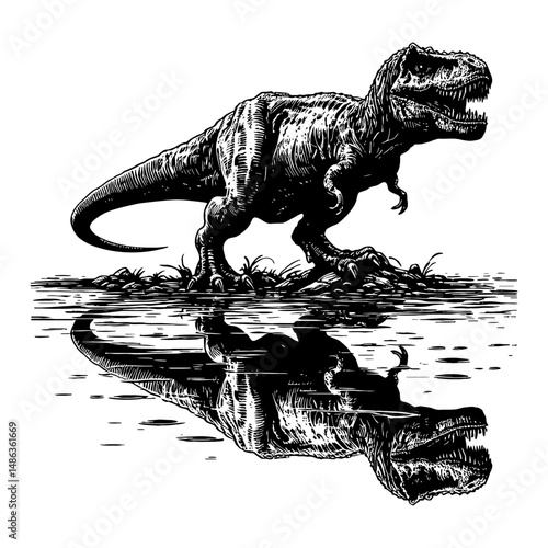 Tyrannosaurus Rex or T Rex on Water Reflection Black and White Outline Line Art Drawing