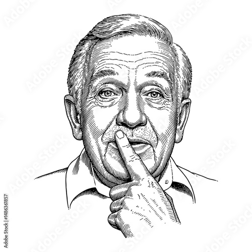Grandpa with Finger on Lips Asking to Be Quiet in Black and White Outline Line Art Drawing