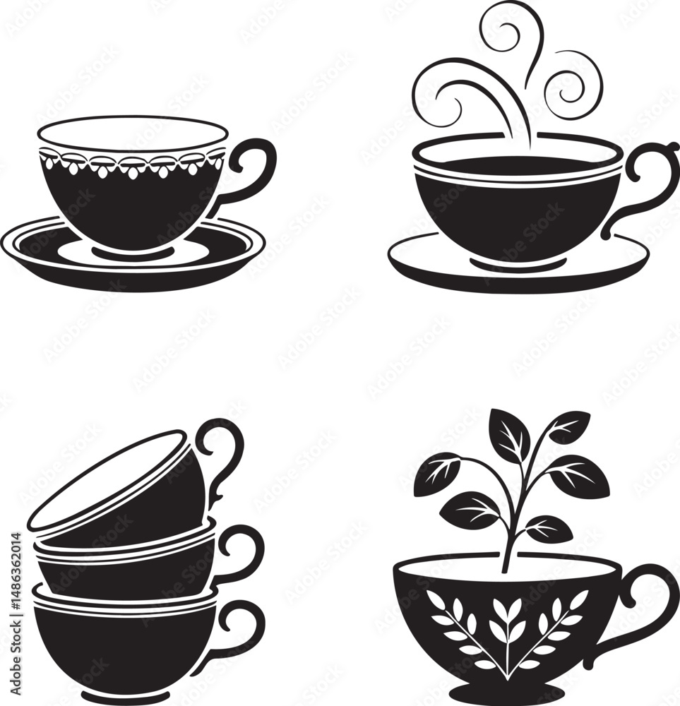 Tea Cup silhouette set vector illustration isolated On Transparent Background Tea Cup silhouette set vector illustration isolated On Transparent Background