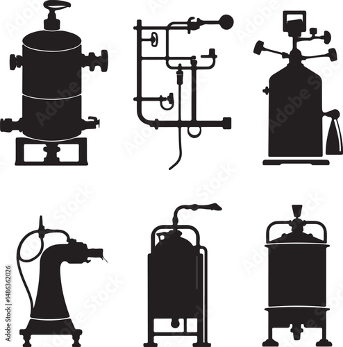 Vintage Brewing Equipment Silhouettes: Industrial Machinery Icons