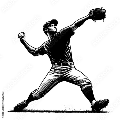 Man Throwing Baseball Player Pitcher with Glove in Action Pose Black and White Outline Line Art Drawing