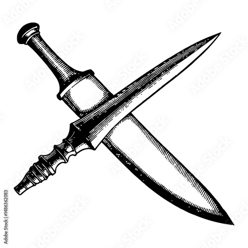 Crossed Daggers Sharp and Pointed Edges Black and White Outline Line Art Drawing Illustration