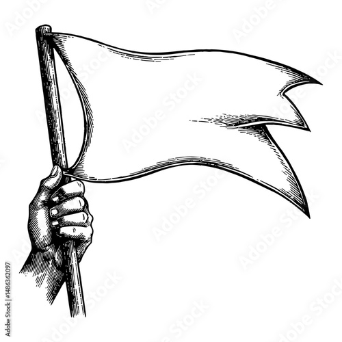 Hand Holding White Flag Engraving Vintage Black and White Outline Line Art Drawing
