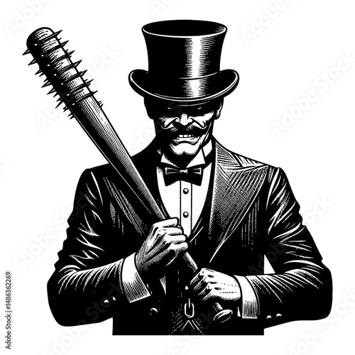 Vintage Gentleman Thug with Top Hat Holding Baseball Bat with Spikes Black and White Outline Line Art Drawing