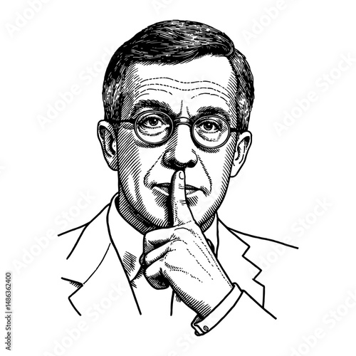 Gentleman Wearing Glasses with Finger on Lips Asking to Be Quiet Black and White Outline Line Art Drawing