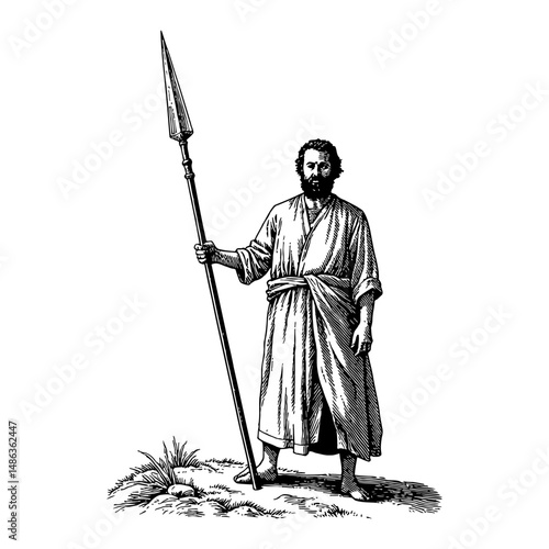 Man Holding Long Spear Traditional Engraving Style Black and White Outline Line Art Drawing