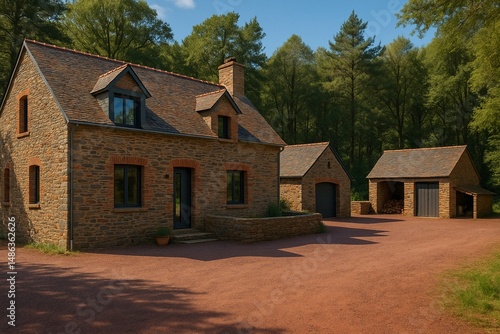 Maison bretonne avec lucarnes en toiture et ses annexes en pierres de pays dans hameau