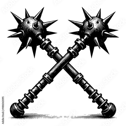 Crossed Morning Stars Spiked Mace Weapons Black and White Outline Line Art Drawing Illustration