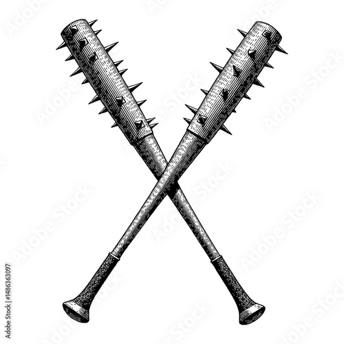 Crossed Baseball Bats with Spikes in Black and White Outline Line Art Drawing Illustration