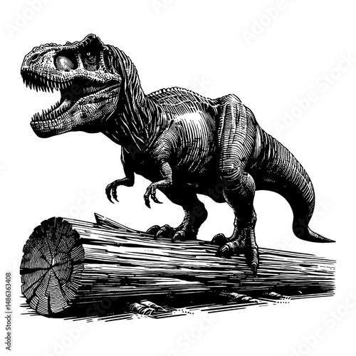 Tyrannosaurus Rex or T Rex on Wooden Log Black and White Outline Line Art Drawing
