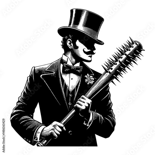 Vintage Gentleman Thug with Top Hat Holding Baseball Bat with Spikes Black and White Line Art Drawing