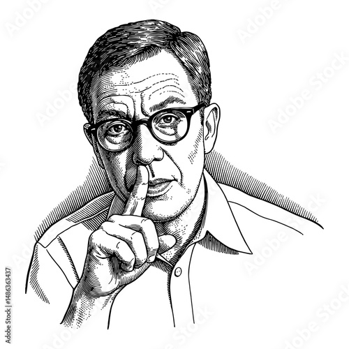 A Gentleman Wearing Glasses with Finger on Lips Asking to Be Quiet Black and White Line Art Drawing