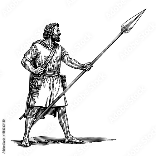 Man Holding Long Spear Viewed from Side Black and White Outline Line Art Drawing Illustration