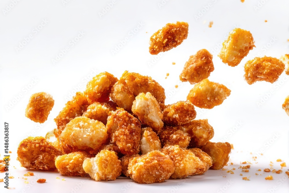 Crispy Chicken Nuggets Falling Against a Clean White Background Crispy Chicken Nuggets Falling Against a Clean White Background